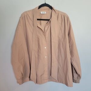 Vintage Lucky Me Tan Tie Neck Long Sleeve Button Up Men XL *see photos for flaws